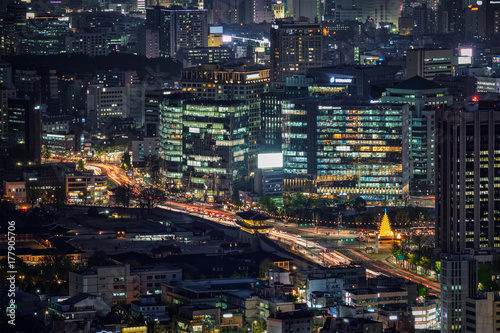 Seoul skyscrapers in the night, South Korea.