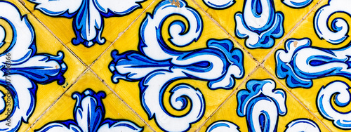 Colorful Vintage Style Ceramic Tile Pattern Texture and Background. Yellow, Blue and White Tiles for Floors and Walls.