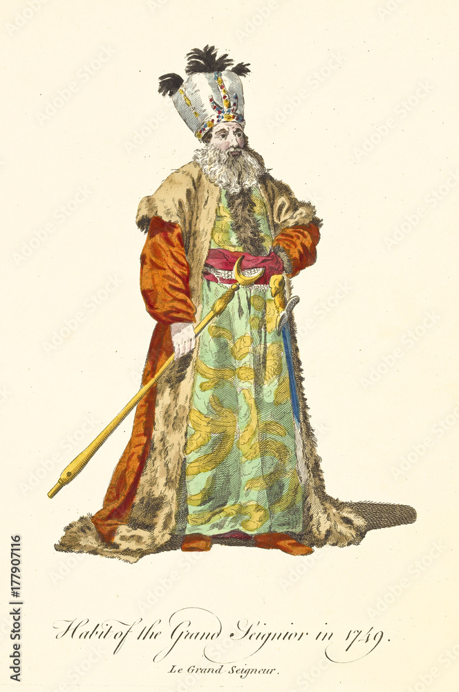 Turkish emperor holding a gold scepter in 1749. Long fur coat, tunic rich of gold decoration, turban and beard. Old illustration By J.M. Vien, T. Jefferys, London, 1757-1772