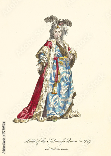 Turkish queen in traditional dresses in 1749. Long fur coat, tunic rich of gold decoration, turban with feathers and gold brooches. Old illustration By J.M. Vien, T. Jefferys, London, 1757-1772