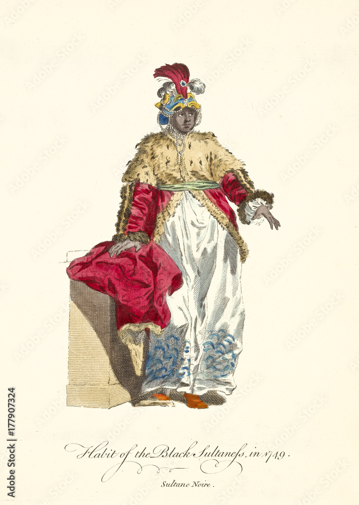 Black Sultaness in traditional dresses in 1749. Red fur wrap, white tunic, elegant cap with feathers. Old watercolor illustration By J.M. Vien, T. Jefferys, London, 1757-1772