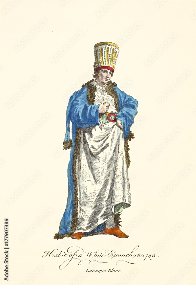 White Eunuch in traditional dresses in 1749. Blue dressing gown, white tunic, long cap, gold decorated. Old watercolor illustration By J.M. Vien, T. Jefferys, London, 1757-1772 White Eunuch in traditional dresses in 1749. Blue dressing gown, white tunic, long cap, gold decorated. Old watercolor illustration By J.M. Vien, T. Jefferys, London, 1757-1772