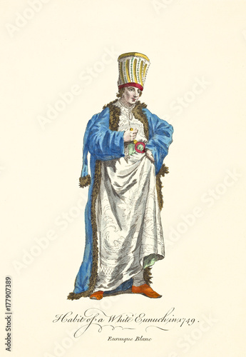 White Eunuch in traditional dresses in 1749. Blue dressing gown, white tunic, long cap, gold decorated. Old watercolor illustration By J.M. Vien, T. Jefferys, London, 1757-1772