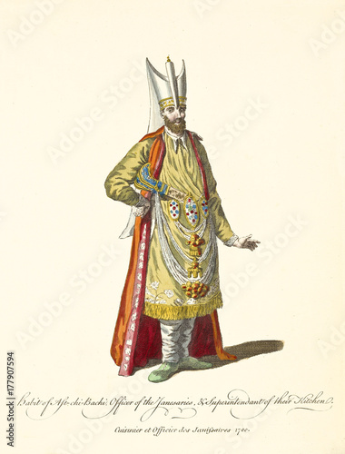 Superintendent of Janissaries in traditional dresses. Orange cloak, gold tunic, rich of decoration. Old watercolor illustration By J.M. Vien, T. Jefferys, London, 1757-1772