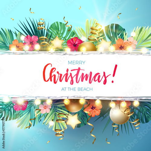 Christmas on the summer beach design with monstera palm leaves, hibiscus flowers, xmas balls and gold glowing stars, vector illustration.