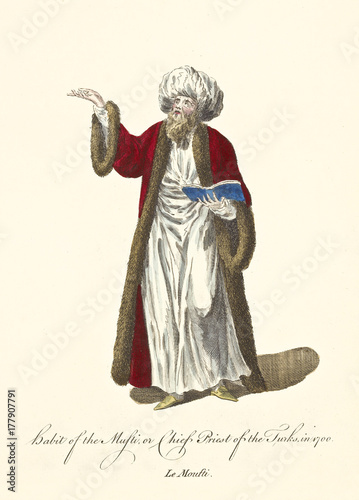 Ottoman musti in traditional dresses in 1700. Long red coat, white tunic and turban, beard and koran. Old illustration by J.M. Vien, publ. T. Jefferys, London, 1757-1772