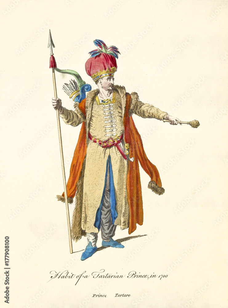 Tartarian Prince in traditional dresses in 1700. Long orange coat, red puffy hat, spear, arrows, bow and scepter. Old illustration by J.M. Vien, on T. Jefferys, London, 1757-1772