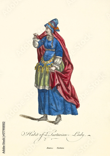 Tartarian Lady in traditional dresses. Blue dress with long skirt, red  satin mantle, white shirt, cloth hat. Old illustration by J.M. Vien, on T.  Jefferys, London, 1757-1772 Stock Illustration | Adobe Stock