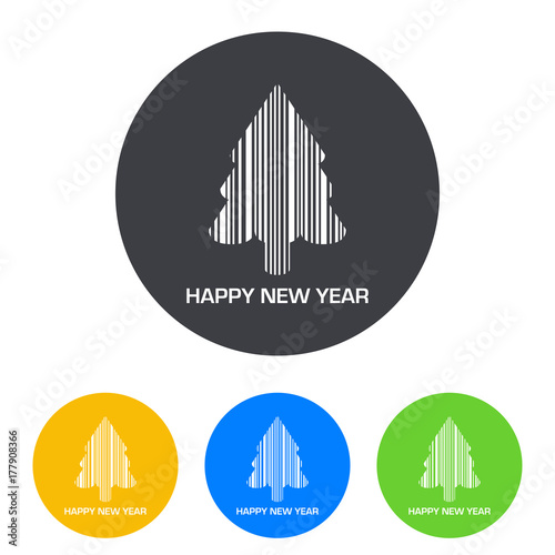 Icono plano codigo de barras arbol HAPPY NEW YEAR en circulo varios colores