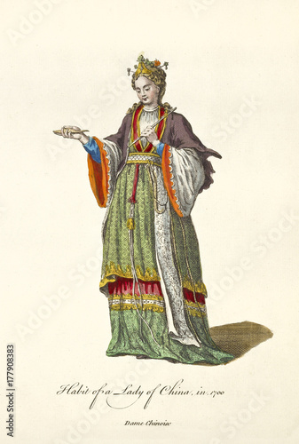 Chinese Lady in traditional dresses in 1700. Long colorful dress richly decorated. Old illustration by J.M. Vien, publ. T. Jefferys, London, 1757-1772