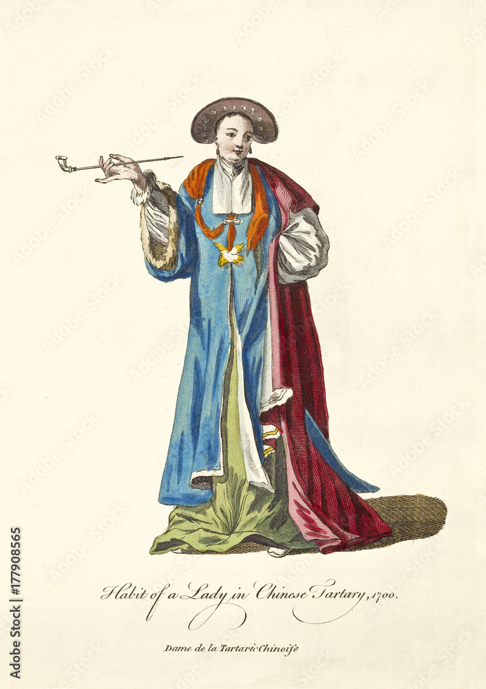 Chinese Tartarianarian Lady in traditional dresses in 1700. She smokes a old elegant pipe with her right hand.Old illustration by J.M. Vien, publ. T. Jefferys, London, 1757-1772