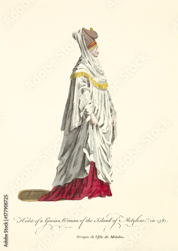 Lady of Mytilene in traditional dresses in 1568. Rich draped clothes. Old illustration by J.M. Vien, publ. T. Jefferys, London, 1757-1772