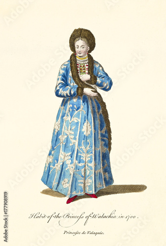 Princess of Wallachia in traditional long blue dresses in 1700. Old illustration by J.M. Vien, publ. T. Jefferys, London, 1757-1772