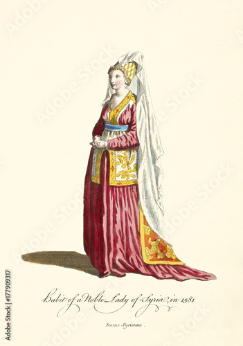 Syrian Lady in traditional dresses in 1568. Long rich dress, veil and mantle. Old illustration by J.M. Vien, publ. T. Jefferys, London, 1757-1772
