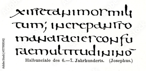 Half uncial script, 6-7th century, text of Titus Flavius Josephus (from Meyers Lexikon, 1896, 13/420/421)