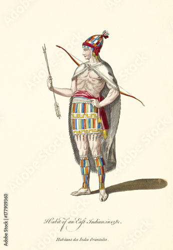 East Indian in traditional dresses holding two arrows. Bow on his back. Partial naked body with long mantle. Old illustration by J.M. Vien, publ. T. Jefferys, London, 1757-1772