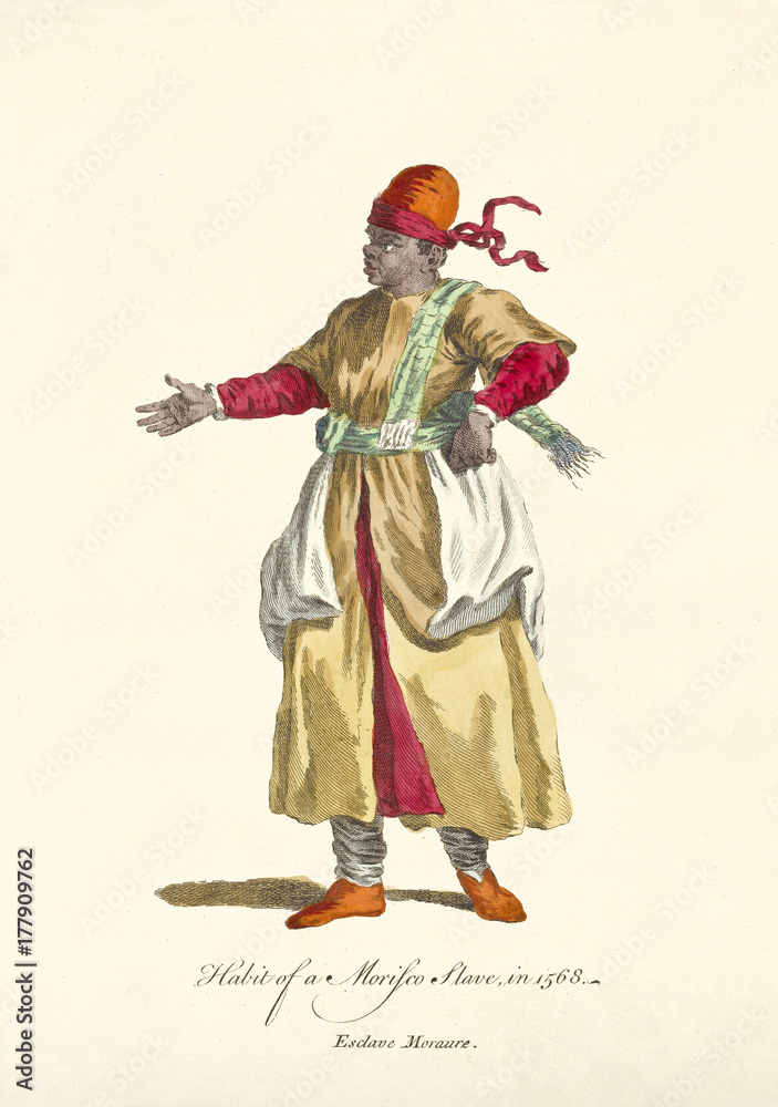 Old illustration of Moorish slave in traditional dresses in 1568. Elements like long tunic and rag shoes. By J.M. Vien, publ. T. Jefferys, London, 1757-1772