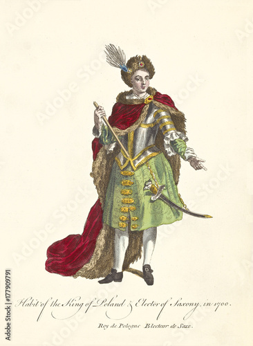 Fotografia Old illustration of King of Poland in traditional dresses in 1700
