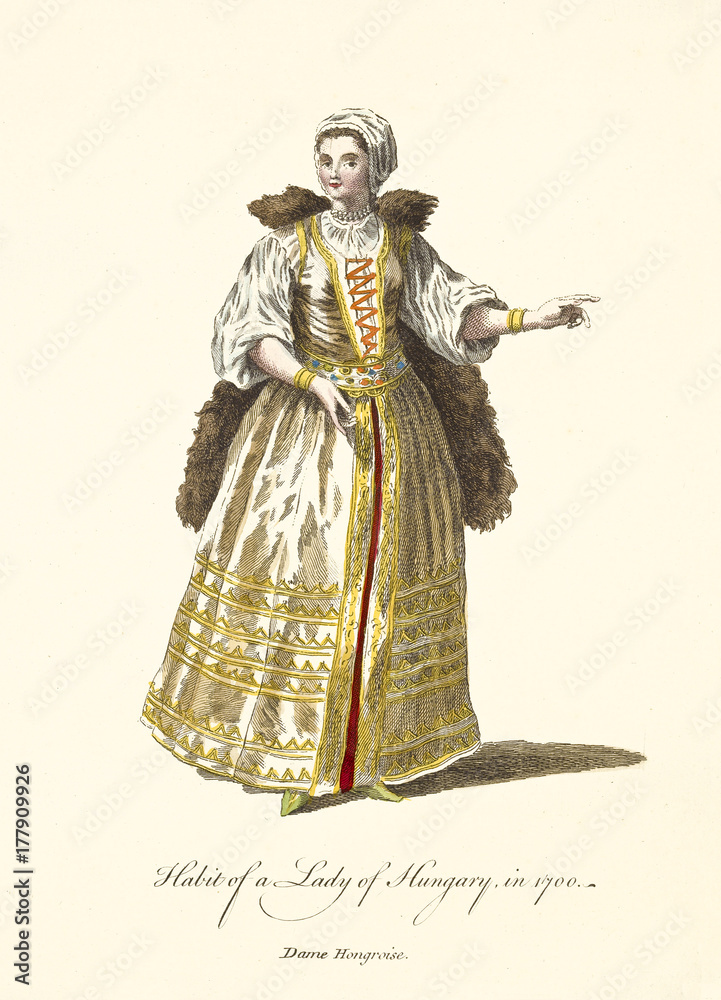 Old illustratiion of Hungarian Lady in traditional dresses in 1700. Classical ancient elements like corsage, long skirt and soutane. By J.M. Vien, publ. T. Jefferys, London, 1757-1772