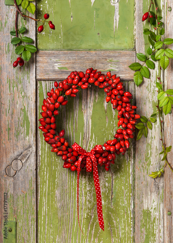 Christmas wreath with natural decorations of wild rose fruits hanging on a rustic green wooden door. Copy space. 