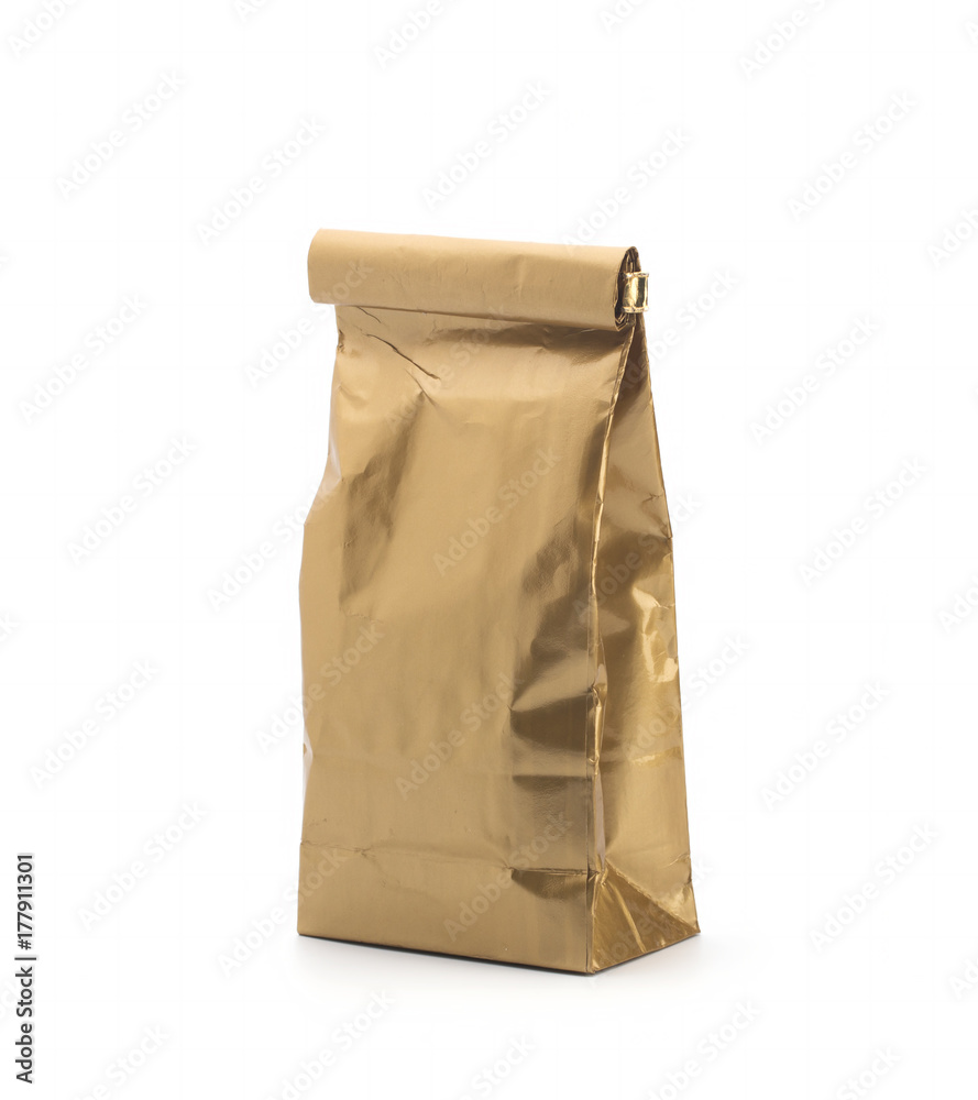 Gold paper bag packaging template isolated on white background Gold paper bag packaging template isolated on white background
