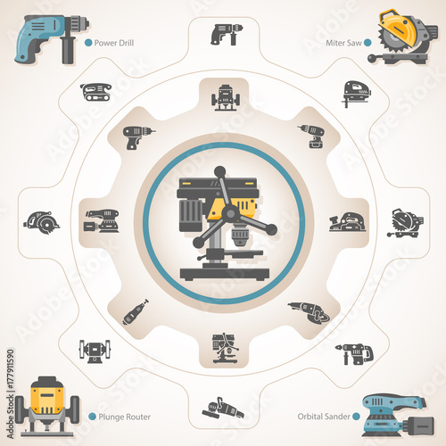 Drill press with power tools icons