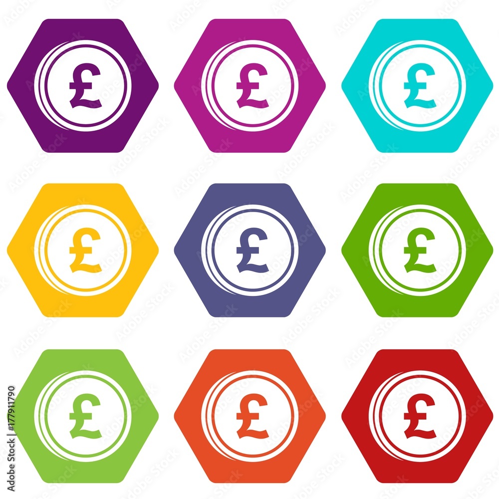 Coins of pound icon set color hexahedron Coins of pound icon set color hexahedron
