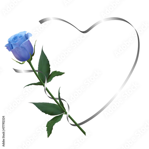 Realistic blue rose, romantic frame, heart