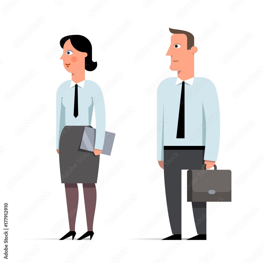 Set of businessman and businesswoman character flat illustrations. Man with briefcase and woman with folder.