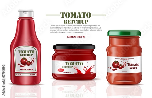Tomato sauce and ketchup product mock up. Realistic Vector label packaging. Splash backgrounds