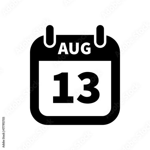 Simple black calendar icon with 13 august date isolated on white