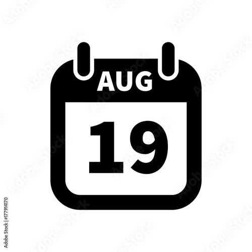 Simple black calendar icon with 19 august date isolated on white