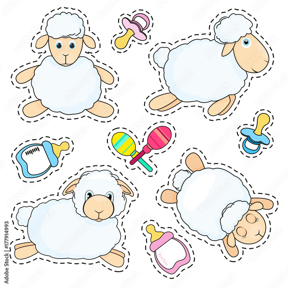 Set of stickers sheep in cartoon style isolated on white background. Sheep in different poses. Baby bottle, nipple and toys. Vector illustration. Set of stickers sheep in cartoon style isolated on white background. Sheep in different poses. Baby bottle, nipple and toys. Vector illustration.