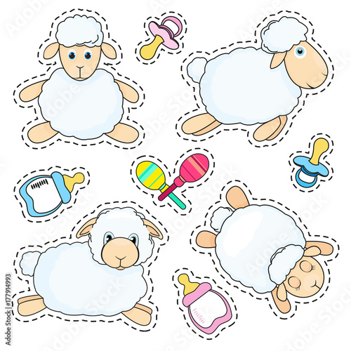 Set of stickers sheep in cartoon style isolated on white background. Sheep in different poses. Baby bottle, nipple and toys. Vector illustration.