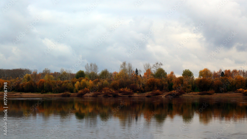 Obraz premium Yellow autumn trees. Reflection in a river water.