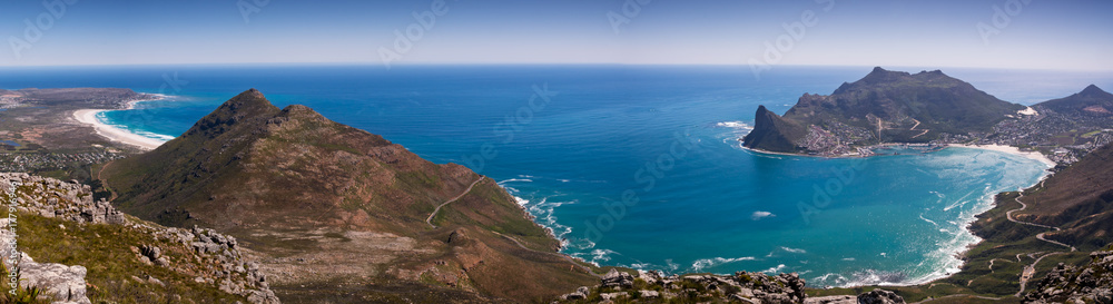 Panoramic view of Hout Bay in Cape Town, South Africa from the top of a mountain