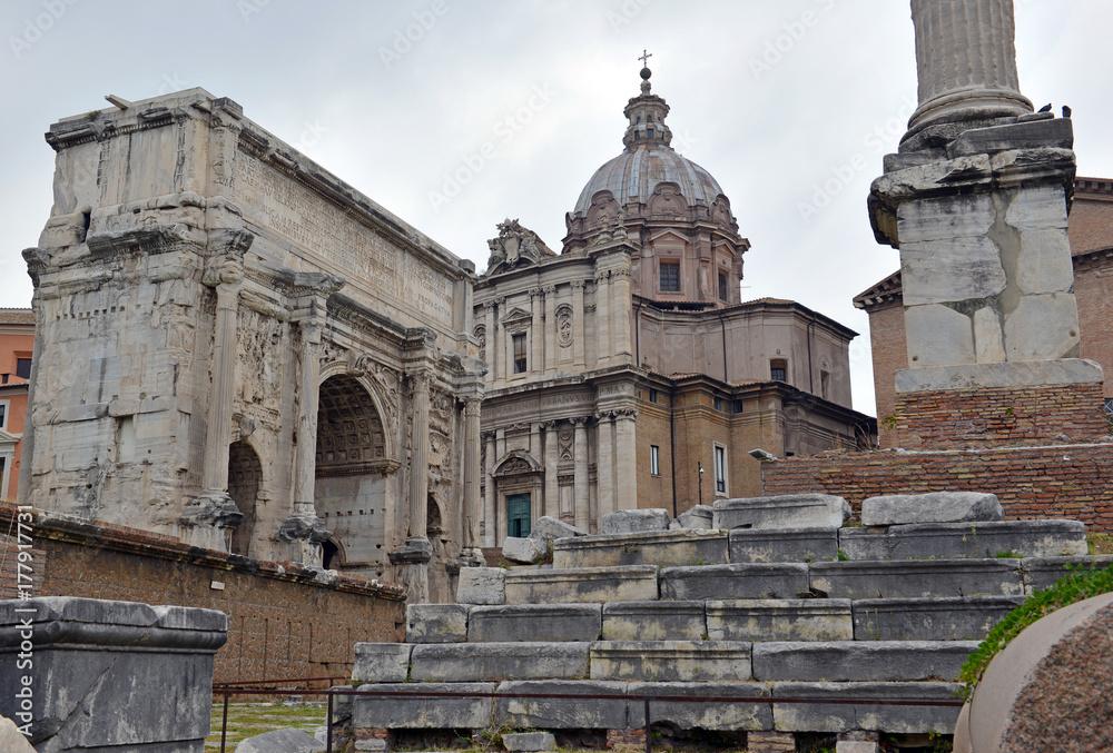 The ruins and remains of the Roman Forum in Rome Italy