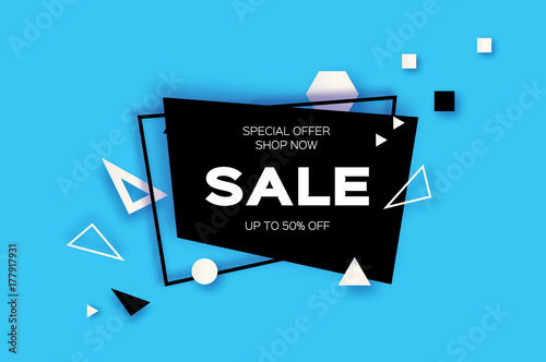 Sale. Trendy Geometric elemets and frame in paper cut style. Discount. For brochure, flyer or presentations design. Simple geometry. Blue background. Vector
