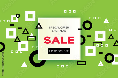 Sale. Trendy Geometric elemets and square frame for text. Discount. For brochure, flyer or presentations design. Simple geometry. Green background. Vector