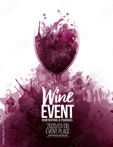 Template for promotions or presentations of wine events.  Background texture of wine stains.
