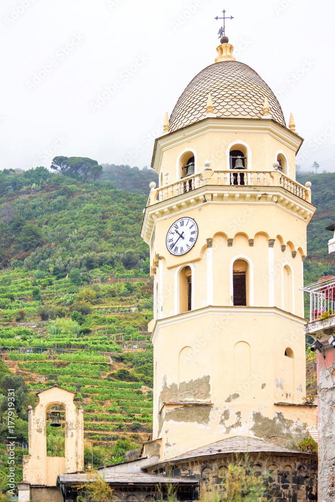 The belltower of the church Santa Margherita. Vernazza, Cinque Terre, Italy.