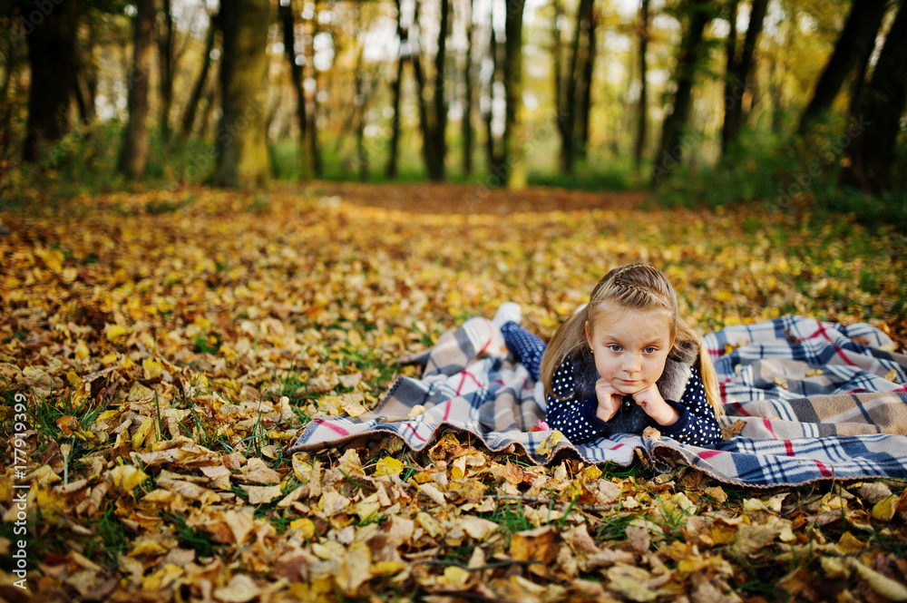 Little girl sitting on plaid at majestic autumn fall forest. Little girl sitting on plaid at majestic autumn fall forest.
