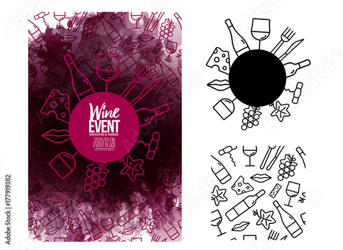 template design with wine icons pattern background. Background texture of wine stains.