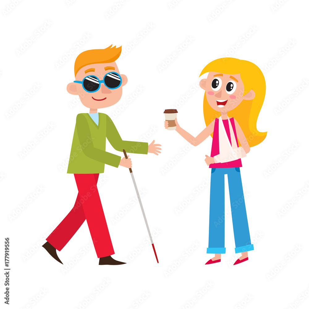 vector flat cartooneen disabled blind boy character in dark sunglasses holding walking stick or cane is given cup of coffee by girl with broken arm. Isolated illustration on a white background. vector flat cartooneen disabled blind boy character in dark sunglasses holding walking stick or cane is given cup of coffee by girl with broken arm. Isolated illustration on a white background.