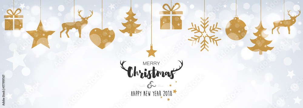 Christmas Card 2018 with hanging decorations on bokeh