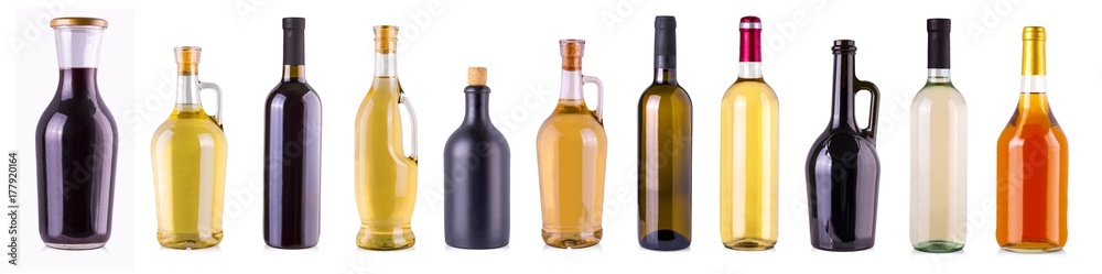 set of bottles with alcoholic beverage closed with a cork isolated on white background. set of bottles with alcoholic beverage closed with a cork isolated on white background.