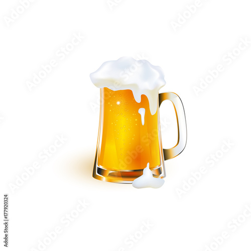 vector realistic full mug of golden lager cool beer with thick white foam mockup closeup. Ready for your design product packaging. Isolated illustration on a white background.