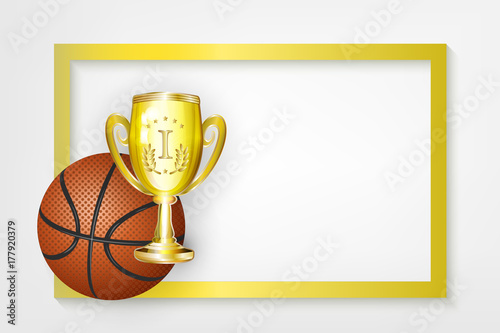 vector flat basketball ball, golden cup winner trophy sport equipment object banner, poster with gold frame with free space for your text. Isolated illustration on a white background