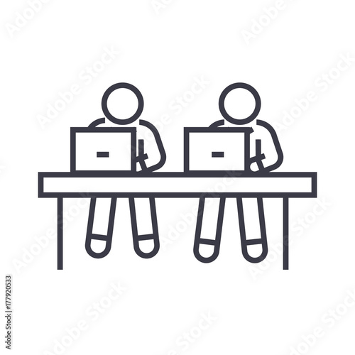 coworking, working at laptops line icon, sign, symbol, vector on isolated background