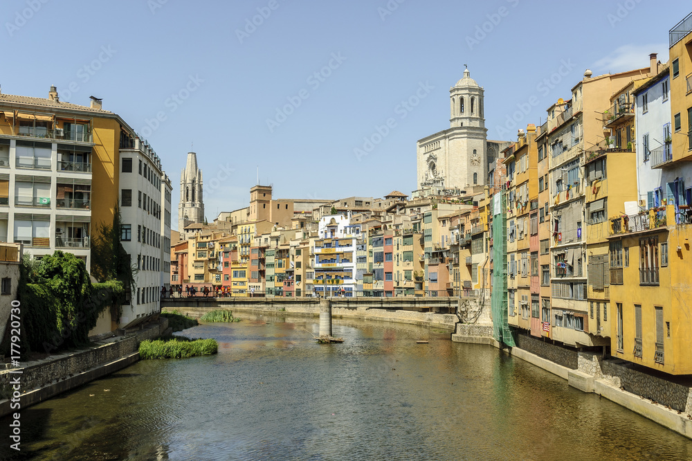 coloring houses in the bank of the river of the city of Gerona, Spain.